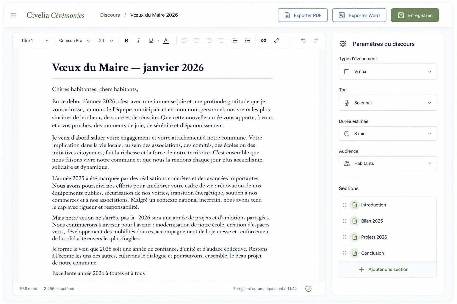 Aperçu de l'éditeur de discours de Civelia Cérémonies