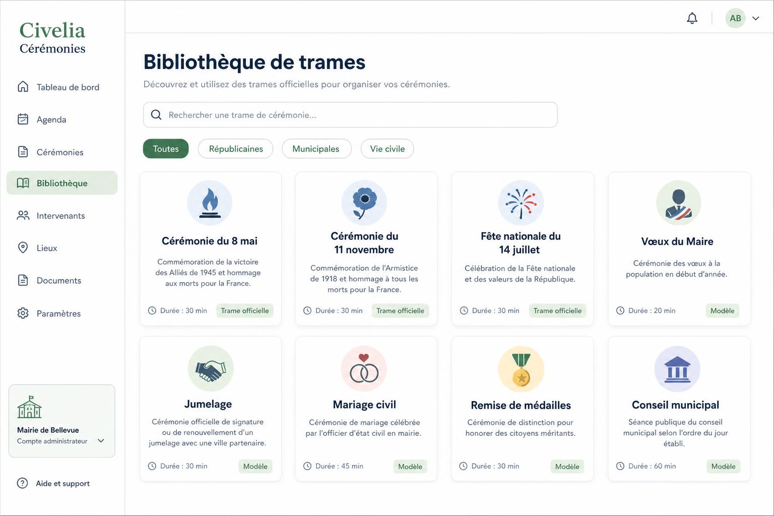 Aperçu de la bibliothèque de trames de cérémonies de Civelia Cérémonies
