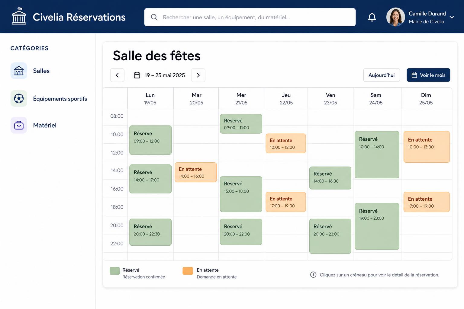 Aperçu du tableau de bord Civelia Réservations